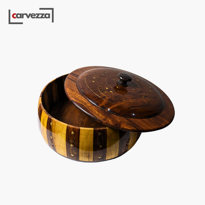 Handmade Wooden Striped Chapati Hotpot with Brass Artistry