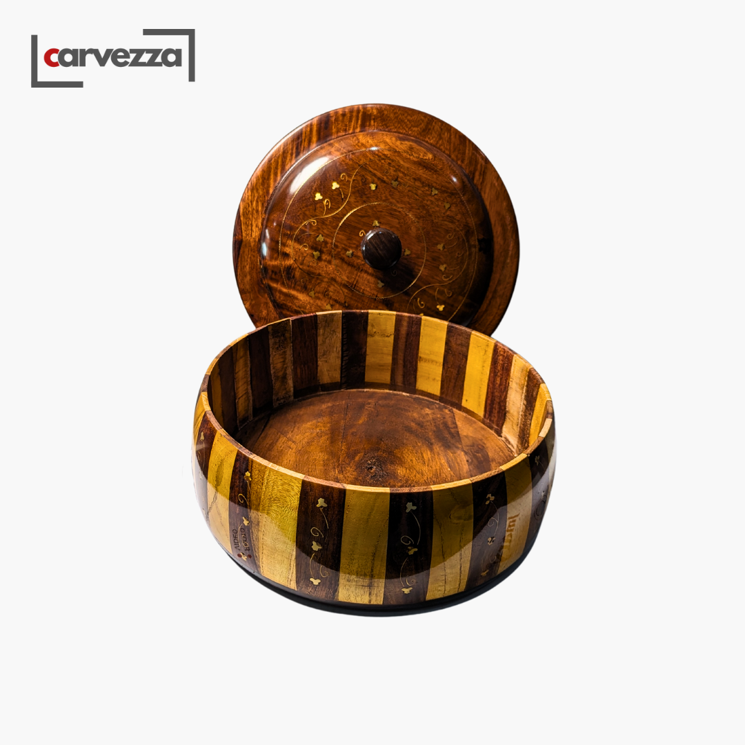 Handmade Wooden Striped Chapati Hotpot with Brass Artistry