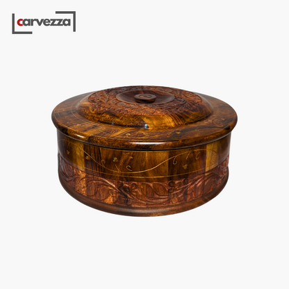 Handmade Wooden Chapati Hotpot with Carving & Brass Artwork