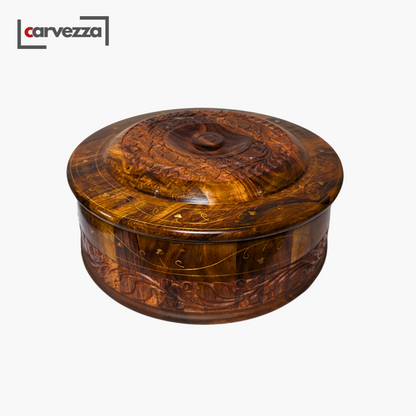 Handmade Wooden Chapati Hotpot with Carving & Brass Artwork