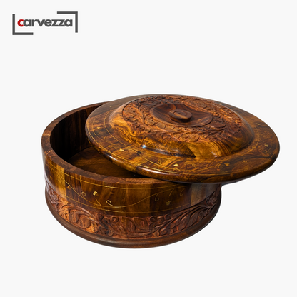 Handmade Wooden Chapati Hotpot with Carving & Brass Artwork