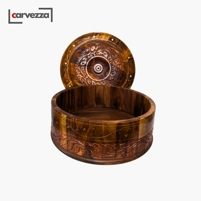 Handmade Wooden Chapati Hotpot with Carving & Brass Artwork