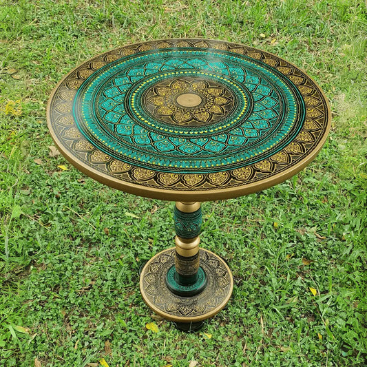 18″ Wooden Round Coffee Table – Emerald & Gold Naqsheen Design