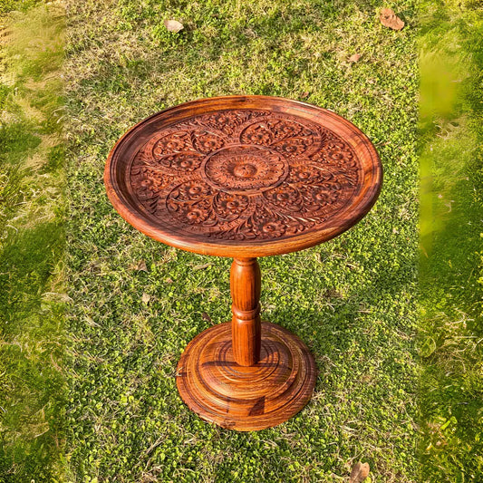 18″ Wooden Round Coffee Table – Carving Art