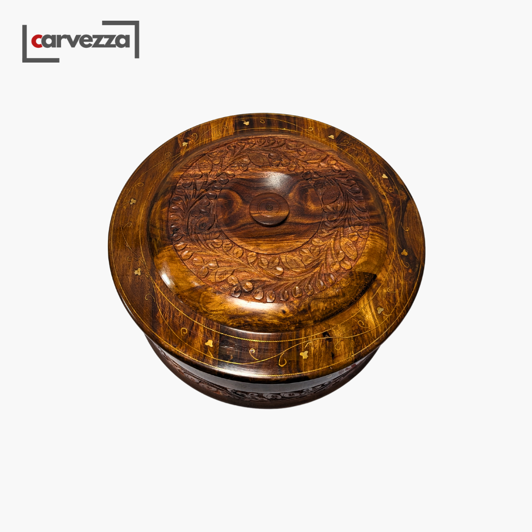 Handmade Wooden Chapati Hotpot with Carving & Brass Artwork