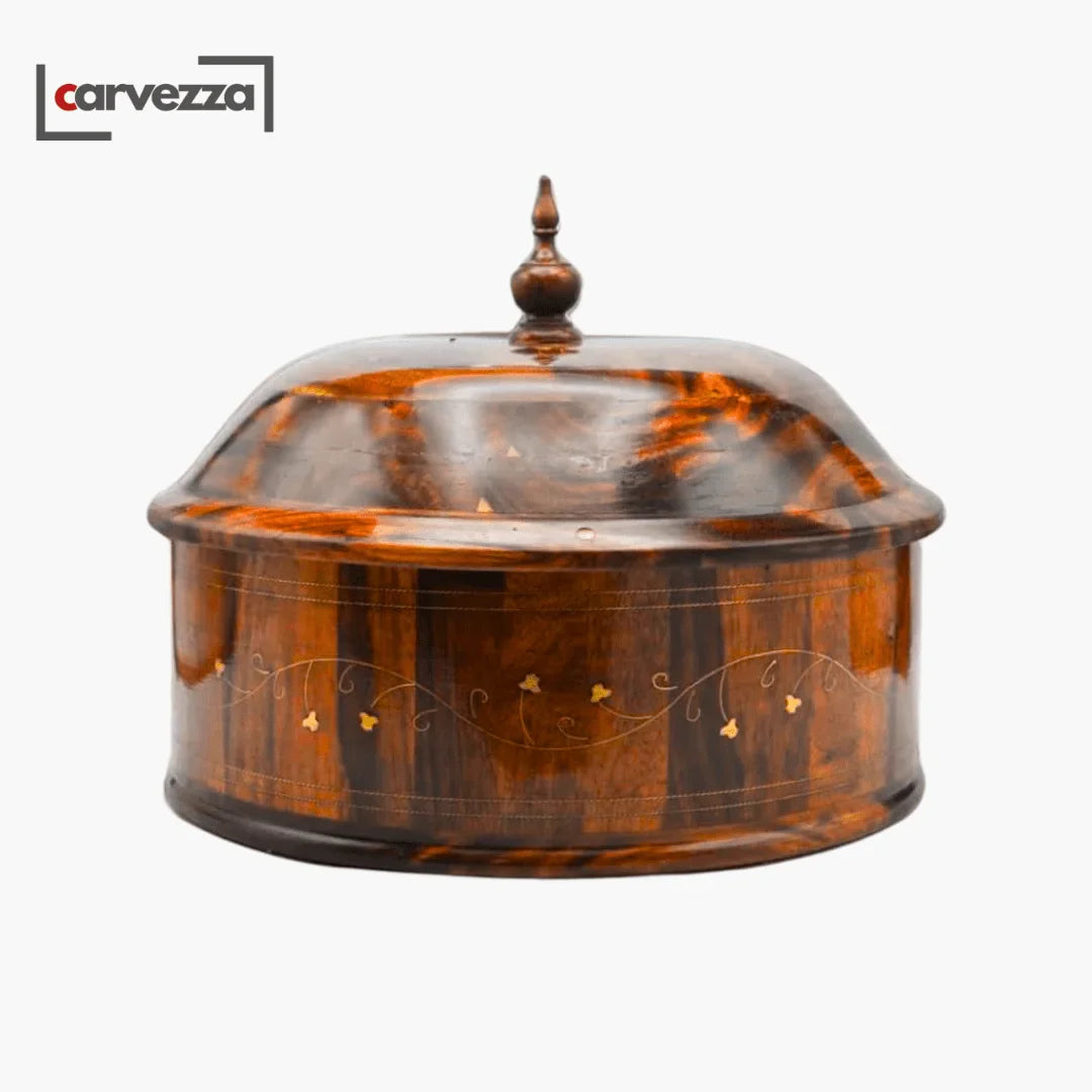 Rustic Wooden Hotpot with Intricate Brass Artistry