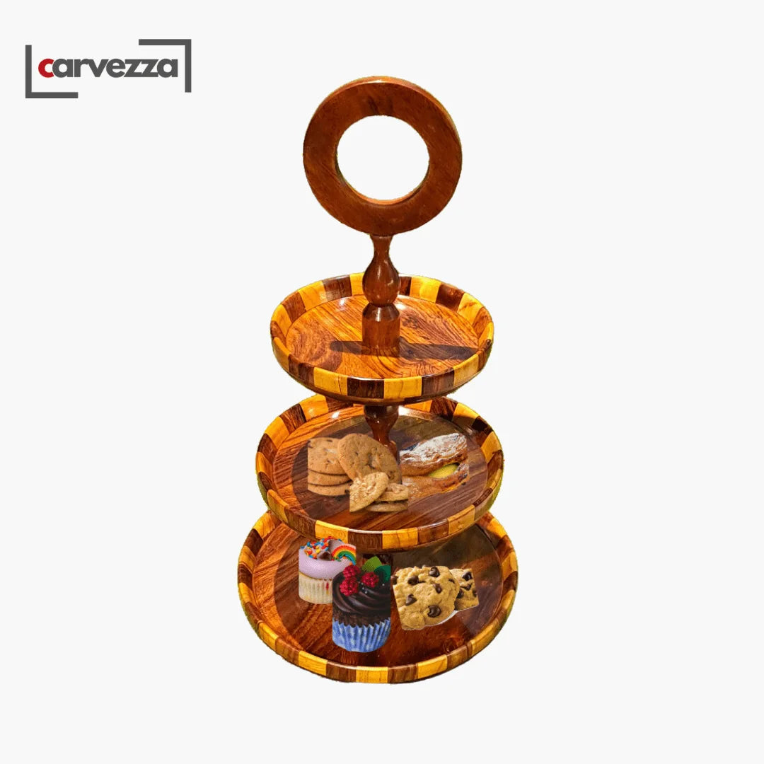 Wooden 3 Tier Round Serving Station - Checkered Pattern