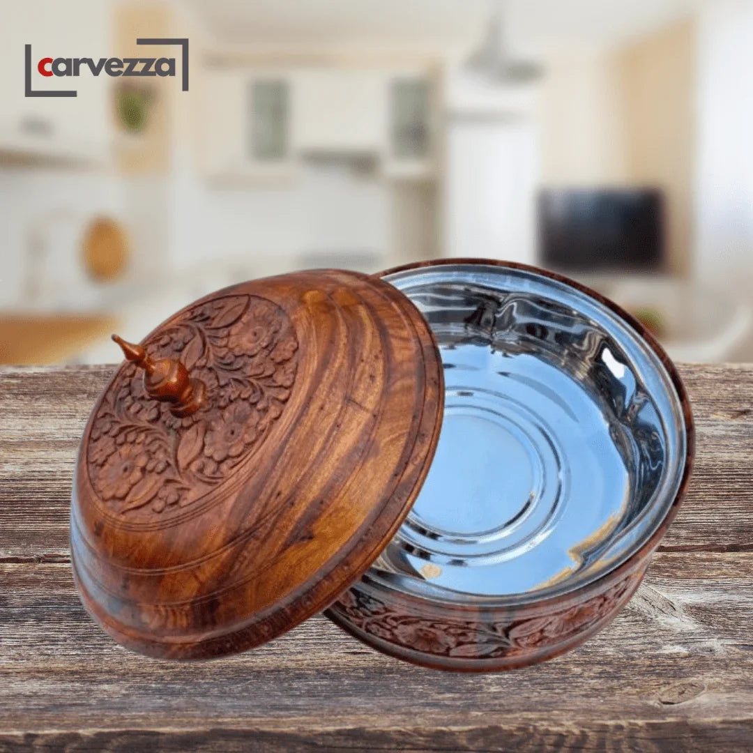 Rustic Hand-Carved Wooden Hotpot with Steel Bowl