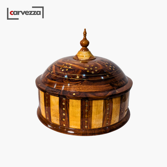 Wooden Handmade Striped Dome Hotpot with Steel Bowl & Brass Artwork