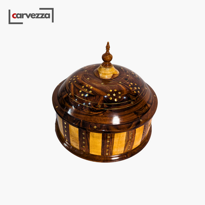 Wooden Handmade Striped Dome Hotpot with Steel Bowl & Brass Artwork