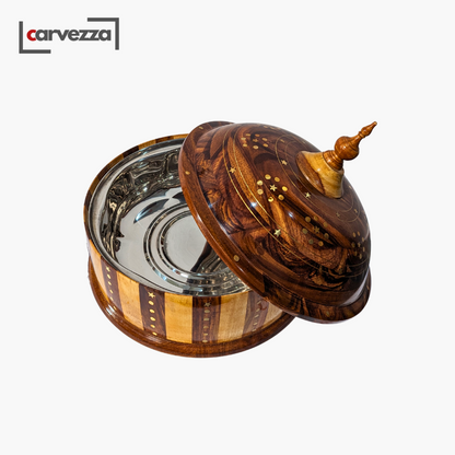 Wooden Handmade Striped Dome Hotpot with Steel Bowl & Brass Artwork