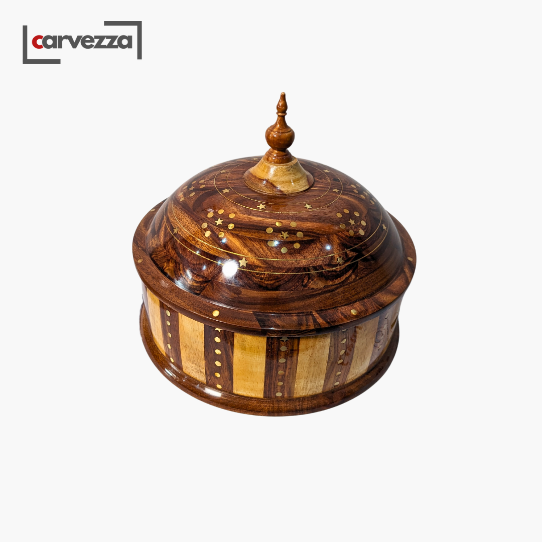 Wooden Handmade Striped Dome Hotpot with Steel Bowl & Brass Artwork