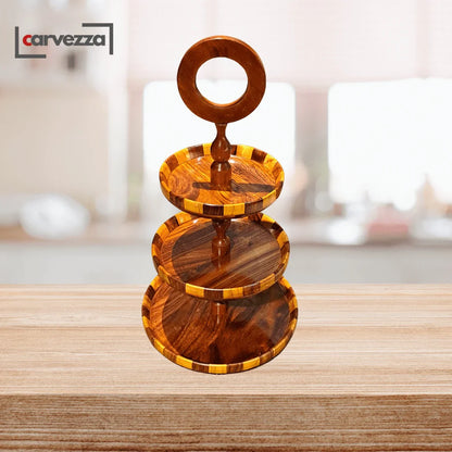 Wooden 3 Tier Round Serving Station - Checkered Pattern