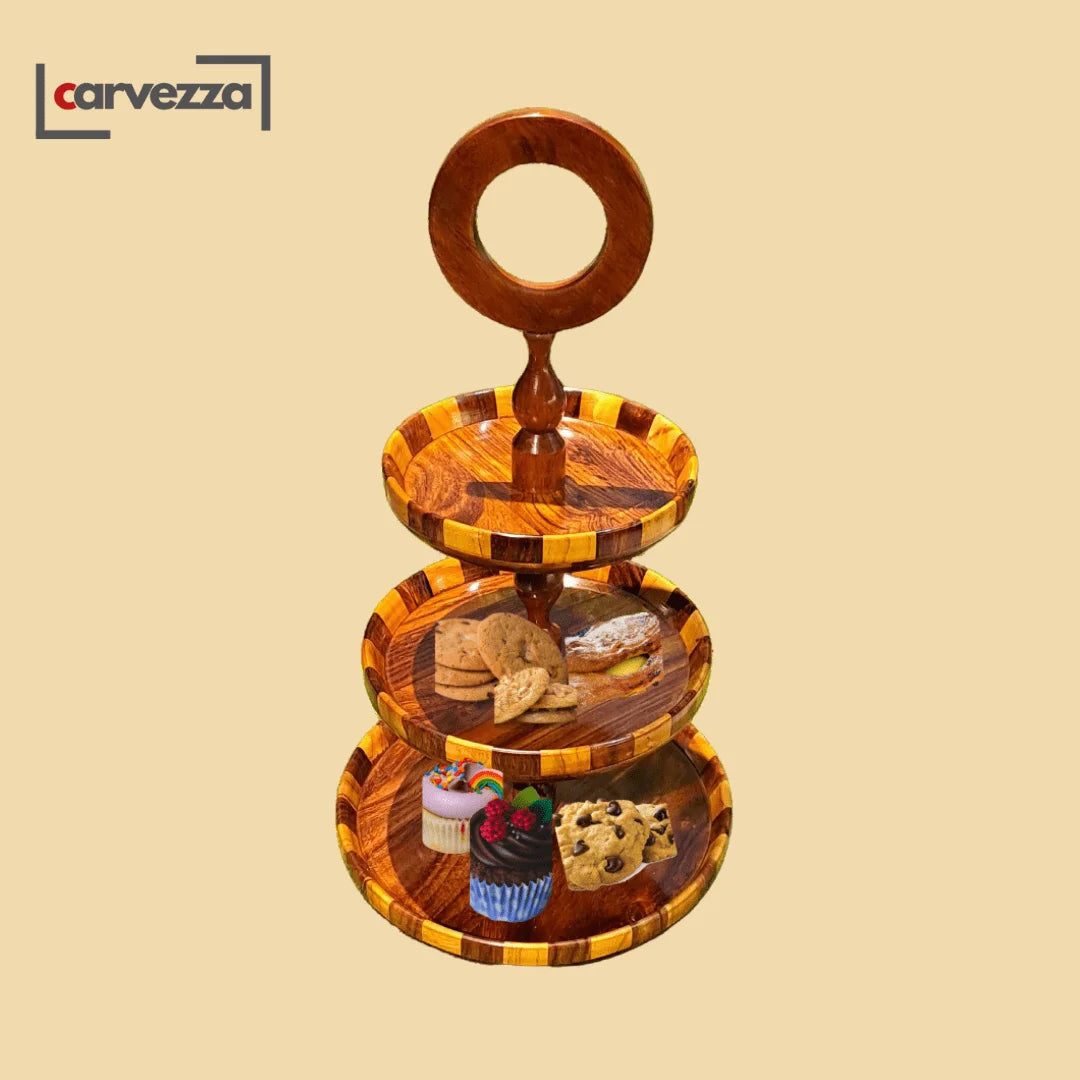 Wooden 3 Tier Round Serving Station - Checkered Pattern