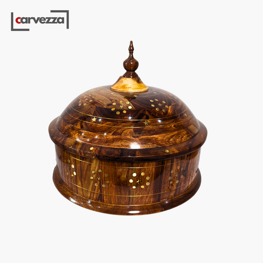 Handmade Wooden Dome Hotpot with Steel Bowl and Brass Artistry