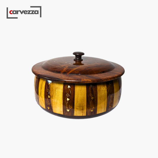 Handmade Wooden Striped Chapati Hotpot with Brass Artistry