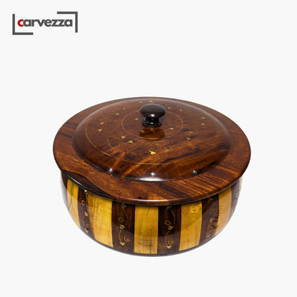 Handmade Wooden Striped Chapati Hotpot with Brass Artistry