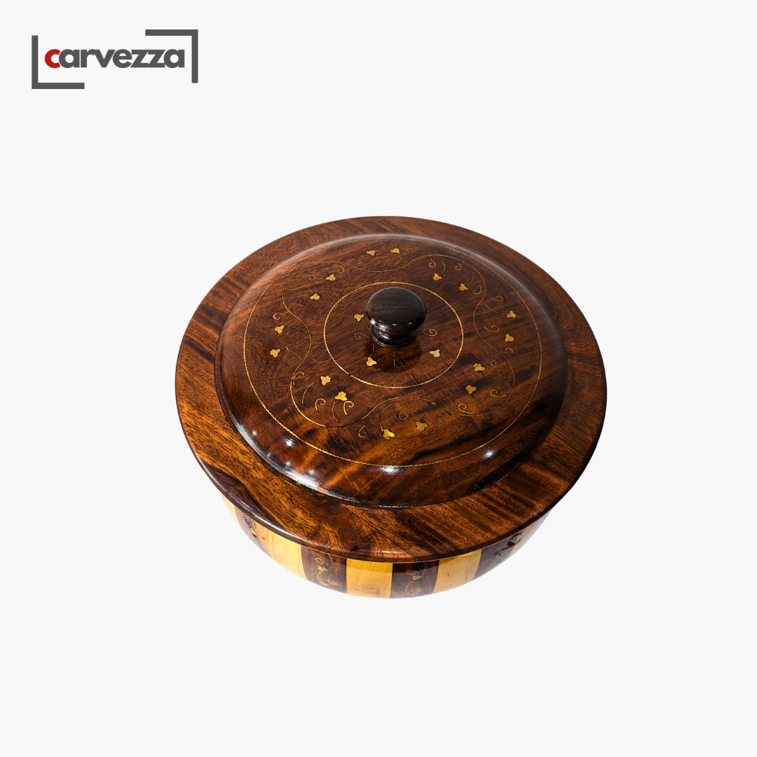 Handmade Wooden Striped Chapati Hotpot with Brass Artistry